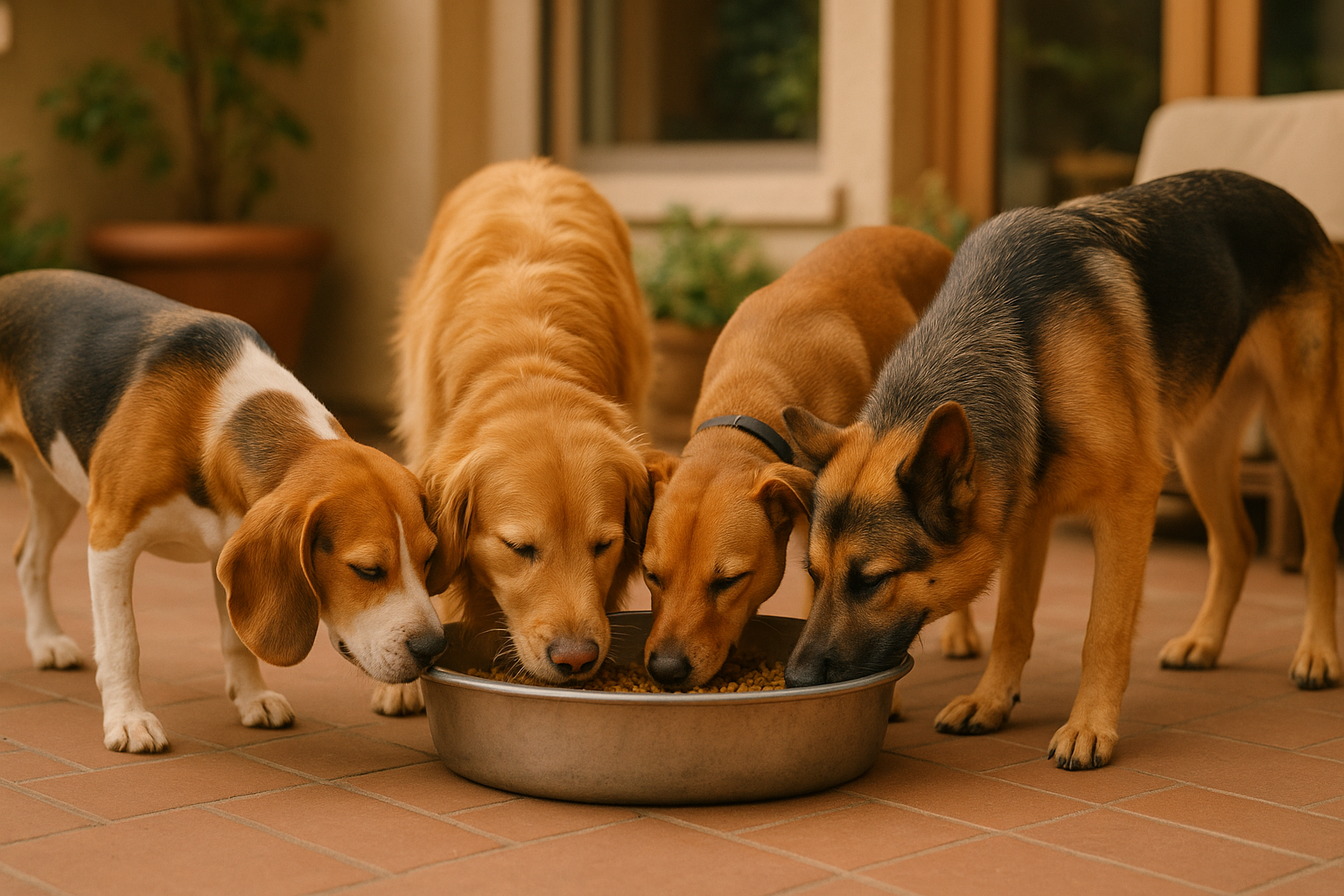 Hunde der står og spiser af en hundeskål