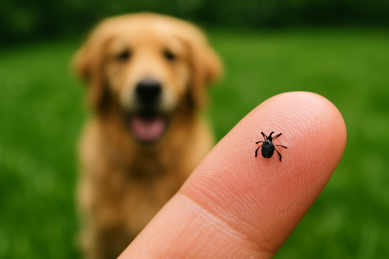 Lav et billede hvor man ser en flåt på fingeren af en person. I baggrunden ses en lys hund, f.eks en golden retriever stå på en grøn græsplæne. Fingeren og flåt skal være i fokus.